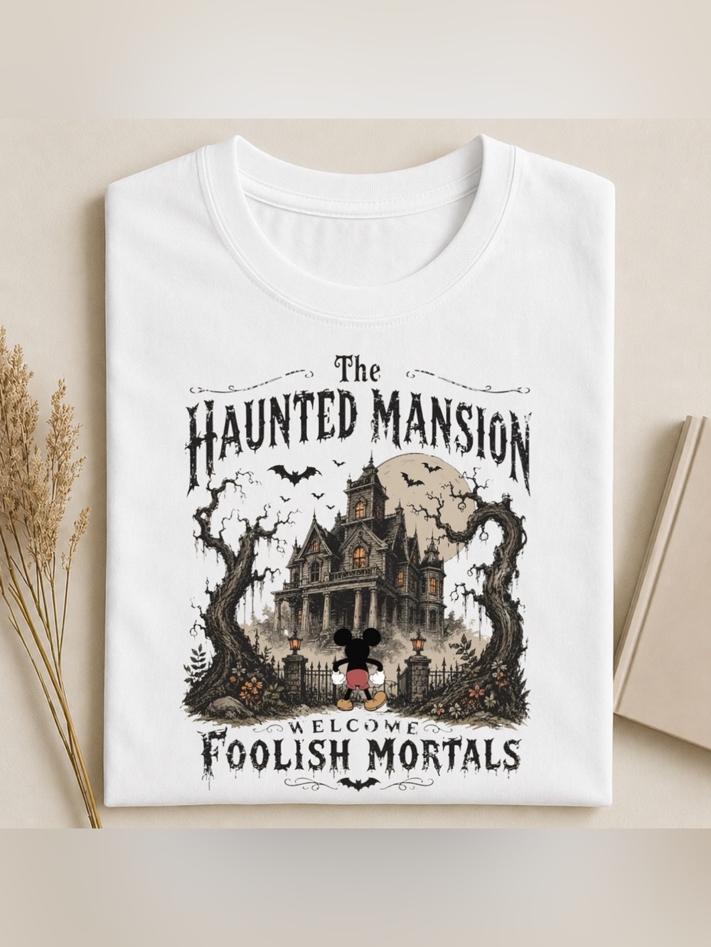 Gildan White "The Haunted Mansion" Graphic Tee, Vintage Halloween Costume Shirt